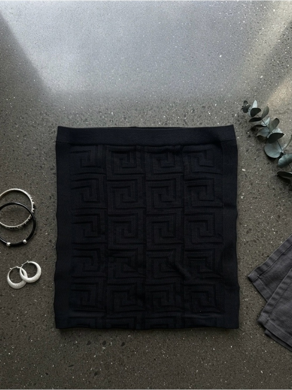 Classic Black Knit Crop Top - Women's Square Pattern